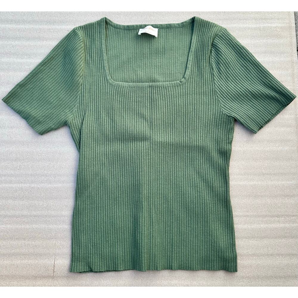 EUC Allie Rose Ribbed Knit Top Green Square Neck Short Sleeve Size L